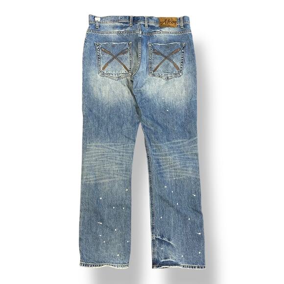 Akoo Distressed Y2K Baggy Paint Splatter‎ Jeans Men’s Size 36 Blue - Picture 1 of 11